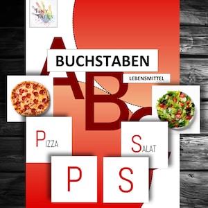 May include: A red and white illustration of the letters A, B, and C with the word "BUCHSTABEN" above and the word "LEBENSMITTEL" below. The letters are surrounded by a red background. There are two white squares with the letters "P" and "S" in red. The square with the letter "P" has the word "PIZZA" below it. The square with the letter "S" has the word "SALAT" below it. There is a picture of a pizza in the square with the letter "P" and a picture of a salad in the square with the letter "S".