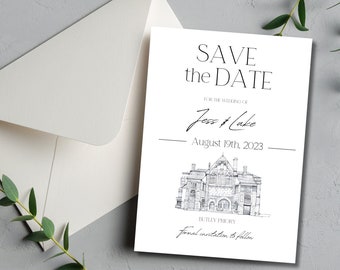 Printed Venue Sketch Save The Date, Save The Date Announcement with Venue Sketch, Custom Save The Date Cards, Venue Illustration