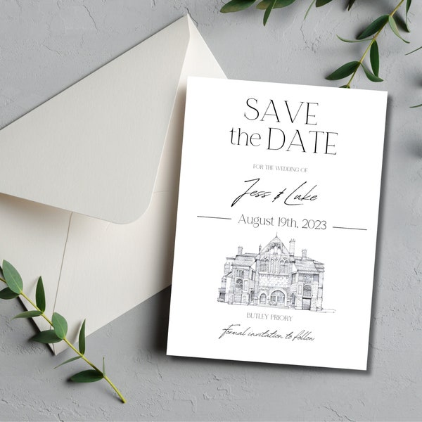 Printed Venue Sketch Save The Date, Save The Date Announcement with Venue Sketch, Custom Save The Date Cards, Venue Illustration