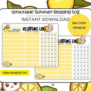 Puede incluir: Una descarga digital con un "Lemonade Summer Reading Log" en amarillo y blanco. El diseño incluye un diseño de registro de lectura con espacios para títulos de libros y fechas, y una ilustración de gato con un limón. El texto incluye "Descarga instantánea" y "Make Reading Fun!"