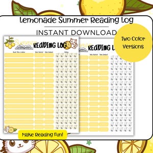 Puede incluir: Descarga digital de un "Lemonade Summer Reading Log" con dos versiones de color. El diseño presenta un tema de limón y el texto "Make Reading Fun!", con espacios para registrar los libros leídos.