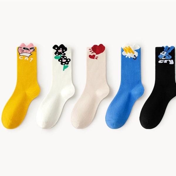 Four Seasons Simple One Colour White/Blue/Yellow/Black/Cream Woman Socks. Unique design Cat/Flower/Rabbit/Heart One Size Woman Socks.