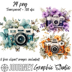 Regenbogen Blumen Kamera Clipart Bundle, Aquarell Clipart Bundle, Kameras Clipart Bundle, Fotografie Clipart, kommerzielle Nutzung Clipart PNG
