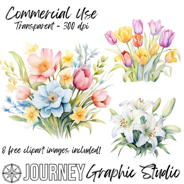 Easter Clipart Bundle, Watercolor Clipart Bundle, Easter Flowers Clipart Bundle, Lilies Tulips Clipart, Easter Commercial Use Clipart PNG