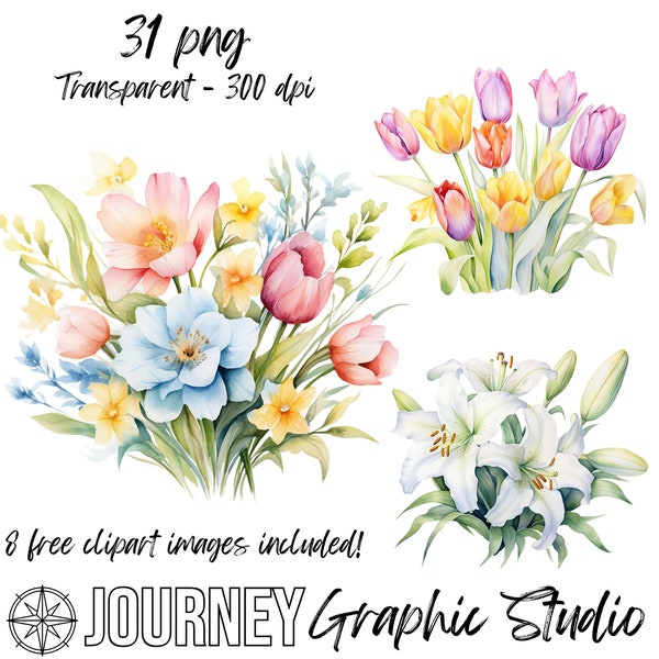 Easter Clipart Bundle, Watercolor Clipart Bundle, Easter Flowers Clipart Bundle, Lilies Tulips Clipart, Easter Commercial Use Clipart PNG