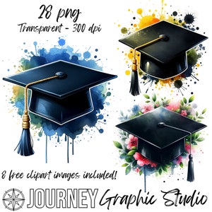 Pacote de clipart de bonés de formatura, pacote de clipart de boné de formatura em aquarela, pacote de clipart de formatura, clipart de formatura, clipart de aquarela PNG