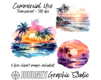 Sunset Clipart Bundle, Watercolor Tropical Sunsets Clipart Bundle, Beach Sunsets Clipart Bundle, Watercolor Clipart, Commercial Use Clipart