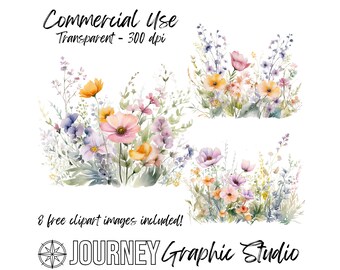 Pastel Wildflowers Clipart Bundle, Watercolor Clipart Bundle, Floral Border Clipart Bundle, Wildflower Borders, Commercial Use Clipart PNG