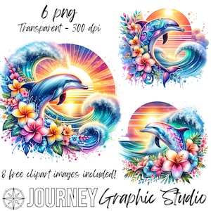 Clipart Dauphin, Dauphin coucher de soleil Clipart, Clipart floral plage, Clipart tropical Bundle océan des cliparts, Sublimation png des cliparts à usage Commercial