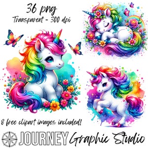 Bundle de cliparts licorne bébé, lot de cliparts licorne aquarelle, lot de cliparts licorne arc-en-ciel, clipart licorne néon, usage Commercial PNG