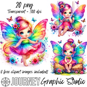 Lot de cliparts fée bébé, lot de clipart fées aquarelle, clipart fées arc-en-ciel, clipart fées néon, sublimation PNG de fées bébé