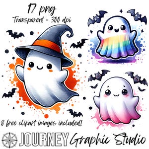 Ghost Clipart Bundle, Cute Ghosts Clipart Bundle, Halloween Clipart Bundle Spooky Clipart, Spooky Cute Ghosts Watercolor Clipart PNG Digital