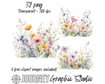 Pastel Wildflowers Clipart Bundle, Watercolor Clipart Bundle, Floral Border Clipart Bundle, Wildflower Borders, Commercial Use Clipart PNG