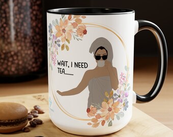 Tea Mug Ceramic Mug 15oz Ceramic Mugs Black Interior Woman in Towel Drinking Tea Morning Bliss Cup Tea Lovers