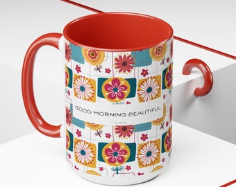 Ceramic Coffee Cup Coffee Mug Good Morning Beautiful 15oz Coffee Mug Red Interior Inspirational Morning Cup Gift for Her Coffee Lover