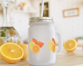 Glass Mason Jar Citrus Fruit Frosted Glass with Lid and Straw Juice Lovers Mason Jar Oranges Glass Drinkware Juicer Jar Juicing Lovers