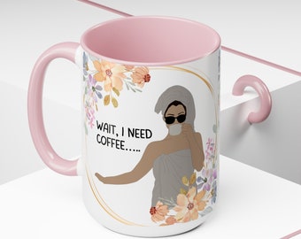 Coffee Mug Ceramic Mug 15oz Ceramic Mugs Soft Pink Interior Woman in Towel Drinking Coffee Morning Bliss Cup