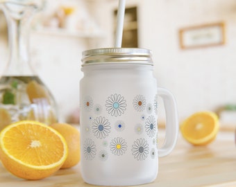 Frosted Glass Mason Jar with Lid and Straw Colorful Mason Jar Glass Drinkware Colorful Daisies Summer Vibes