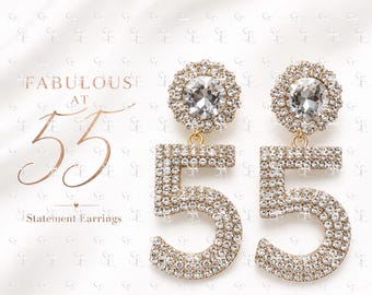 55th Birthday Earrings, Rhinestone Number 55 Statement Jewelry, Milestone Birthday Gift for Women