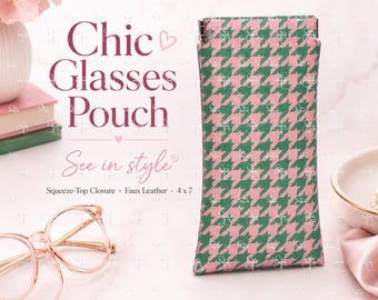 Pink Green Glasses Pouch, Houndstooth Eyeglass Case, Squeeze Top Faux Leather Case, AKA Gift