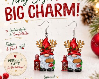 Flat Lay Christmas Gnome Earrings, Reindeer Holiday Dangle Earrings, Stocking Stuffer, Xmas Jewelry