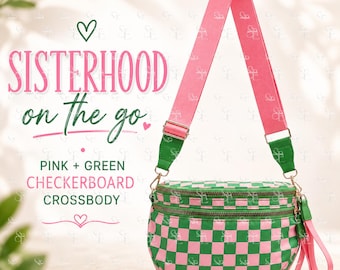 Pink and Green Checkerboard Crossbody Bag, Sorority Inspired Sling Purse, Greek Life Sisterhood Gift