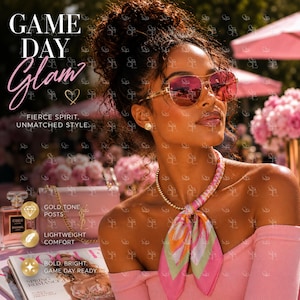 May include: A pair of gold-tone aviator sunglasses with pink-tinted lenses. The text on the image reads: GAME DAY Glam, FIERCE SPIRIT. UNMATCHED STYLE. GOLD TONE POSTS, LIGHTWEIGHT COMFORT, BOLD. BRIGHT. GAME DAY READY. SPRING ROMANCE.
