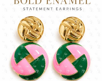 Pink and Green Statement Earrings, Sorority Inspired Jewelry, Greek Life Gift, Round Enamel Drop Earrings