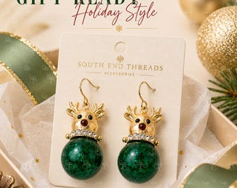 Reindeer Christmas Earrings, Green Glitter Holiday Dangle Earrings, Festive Statement Jewelry Gift for Her