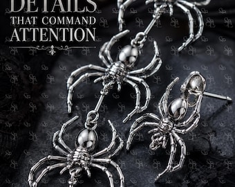 Silver Spider Dangle Earrings, Gothic Halloween Earrings, Triple Spider Statement Earrings, Creepy Cute Jewelry, Goth Gift for Women
