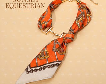 Printed Scarf Necklace for Women, Gold Tone Horse Bit Jewelry, Adjustable Boutique Statement Accessory, Unique Gift for Her