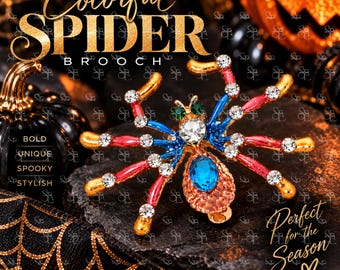 Colorful Spider Brooch, Rhinestone Insect Pin, Jeweled Bug Jewelry, Halloween Statement Accessory, Gift for Her