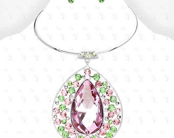 Pink Green Crystal Teardrop Necklace Set Sorority Statement Jewelry Formal Gift Sisterhood Accessories