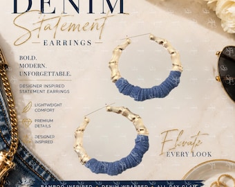 Oversized Denim Statement Earrings Bamboo Inspired Boutique Fashion Jewelry Lightweight Gift for Her
