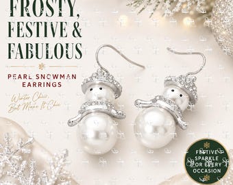 Snowman Christmas Earrings, Pearl Holiday Dangle Earrings, Rhinestone Winter Jewelry Gift for Her