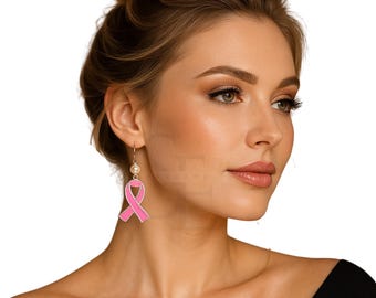 Pink Ribbon Pearl Drop Earrings, Cancer Awareness Jewelry, Breast Cancer Gift for Women, Support Survivor Earrings, October Jewelry