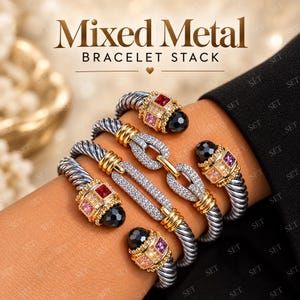 May include: A mixed metal bracelet stack featuring twisted silver-tone bands with gold-tone accents. The bracelets are adorned with square-cut red, pink, and orange stones, clear pavé crystals, and round black beads. Text reads: Mixed Metal BRACELET STACK.