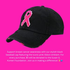 Embroidered Distressed Denim Pink Ribbon Cancer Awareness Baseball Cap for Survivors, Breast Cancer Awareness Ball Cap for Mom, Cancer Hat