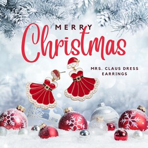 Dangling Santa Hat and Dress Christmas Earrings, Mrs Claus Xmas Holiday Earrings for Mom, Stocking Stuffer for Her, Celebration Jewelry