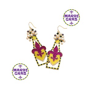 Mardi Gras Fleur De Lis Champagne Bottle Earrings With Pearls | Purple Green and Gold Statement Jewelry | New Orleans Carnival Accessories