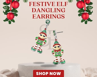 Boucles d'oreilles de Noël elfes – Bijoux pendants elfes des Fêtes scintillants | Joli accessoire de Noël pour les fêtes, les cadeaux, les déguisements et les bas de Noël