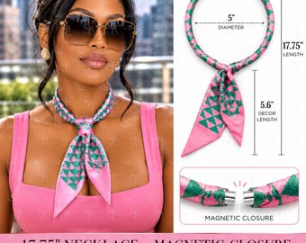 Collier foulard en satin rose et vert, collier magnétique en tissu, collier géométrique tendance, accessoire de mode boutique, cadeau entre sœurs