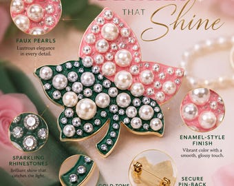 Pink Green Ivy Leaf Brooch Pin Pearl Rhinestone Statement Lapel Pin Elegant Botanical Fashion Pin Sorority Inspired Gift for Women