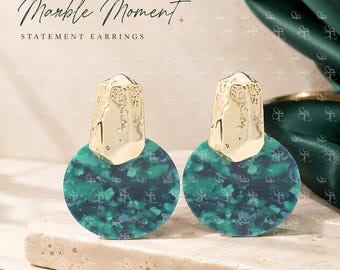Marble Statement Earrings, Oversized Round Disc Earrings, Gold Tone Abstract Dangle Earrings, Modern Art Jewelry Gift for Her