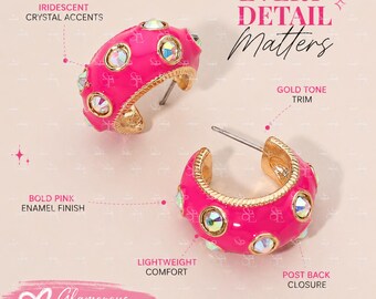Bold Pink Rhinestone Huggie Hoops Gold Fashion Earrings Trendy Accessories