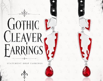 Bloody Cleaver Earrings, Horror Knife Dangles, Gothic Halloween Statement Jewelry