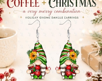 Christmas Coffee Gnome Earrings, Holiday Dangle Earrings, Xmas Novelty Gift, Stocking Stuffer