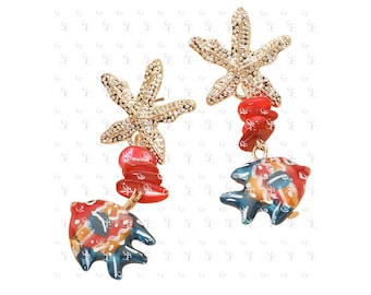 Starfish Fish Drop Earrings Tropical Beach Jewelry Coastal Statement Earrings Vacation Resort Accessories