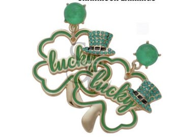 Lucky Shamrock Earrings, St Patricks Day Jewelry, Green Clover Dangle, Rhinestone Top Hat Earrings, Festive Statement Accessories
