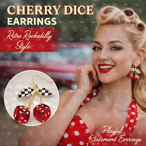 Cherry Dice Dangle Earrings Retro Rockabilly Jewelry Pin Up Style Statement Earrings Vintage Inspired Cherry Dice Earrings Gift Idea